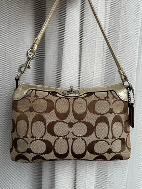Coach Signature Brown & Gold Metallic Turnlock Wristlet